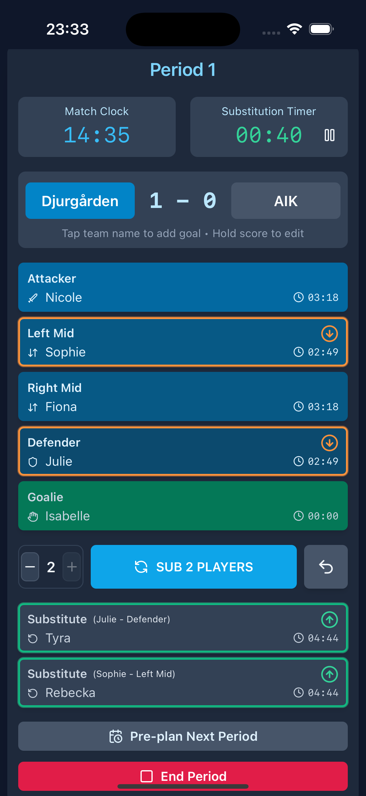 Sport Wizard's live game screen with match clock and substitution timer