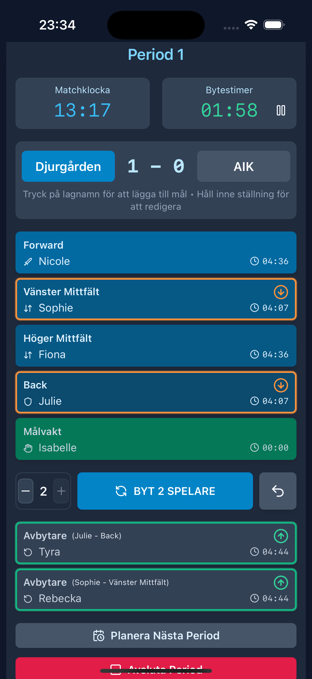 Sport Wizards matchvy med matchklocka och bytestimer